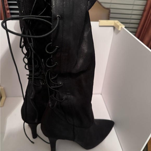 BCBG  zip and lace up heeled boot, feels like soft pony hair but is fabric. - Picture 8 of 9